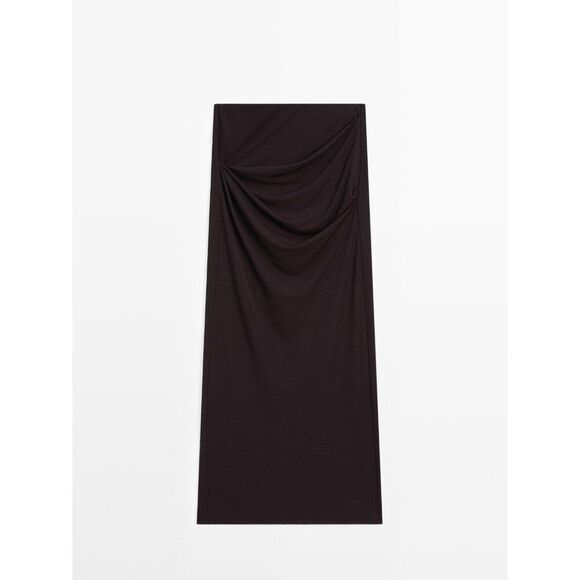 Massimo Dutti Womens Midi Skirt Small S brown Draped Zip Slit Back 9300/953 NWT - Picture 5 of 10